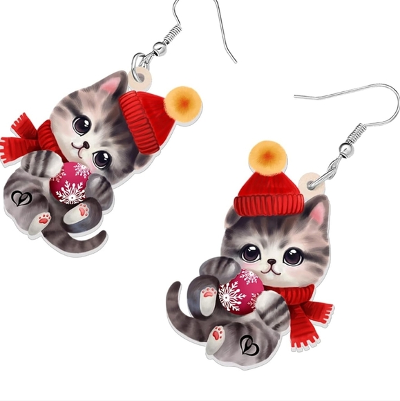 Adorable Cat Earrings with Red Accents - Picture 3 of 5